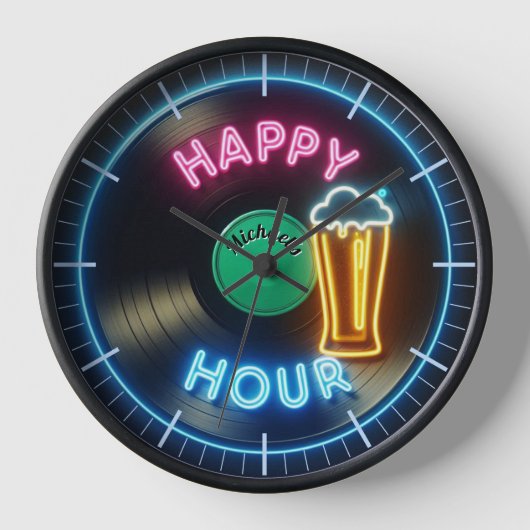 Happy Hour Bar Clock Neon Beer Custom Name Mancave (Voorkant)