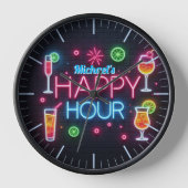 Happy Hour Bar Clock Neon Beer Custom Name Mancave (Voorkant)