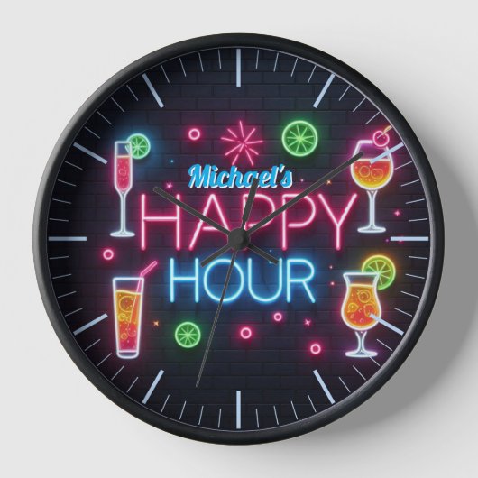 Happy Hour Bar Clock Neon Beer Custom Name Mancave (Voorkant)
