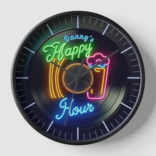 Happy Hour Bar Clock Neon Beer Custom Name Mancave (Voorkant)