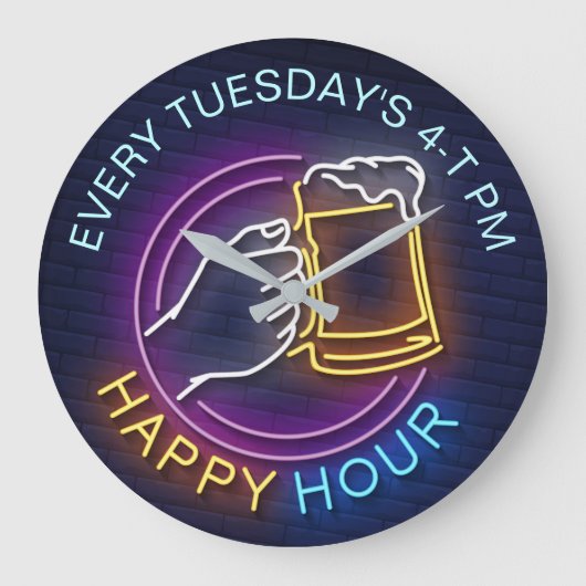 Happy Hour Neon Tekens Stijltekst Bier Stain Grote Klok (Voorkant)