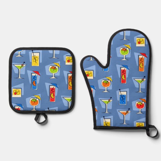 Happy Hour Retro Hawaiian Tropische Drinken Blauw Ovenwant & Pannenlap Set (Voorkant)