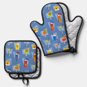 Happy Hour Retro Hawaiian Tropische Drinken Blauw Ovenwant & Pannenlap Set (Voorkant / Achterkant)