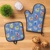 Happy Hour Retro Hawaiian Tropische Drinken Blauw Ovenwant & Pannenlap Set (Top down)