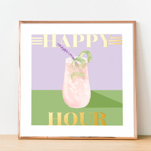 Happy Hour Retro Pink Cocktail Waterverf Art Folie Afdrukken