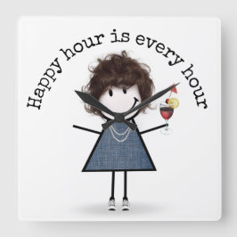 Happy Hour Stick Girl met cocktail Vierkante Klok