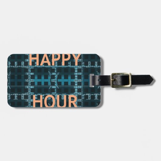 Happy Hour Tekst Blauwe Vector Art Print Bagagelabel (Voorkant horizontaal)