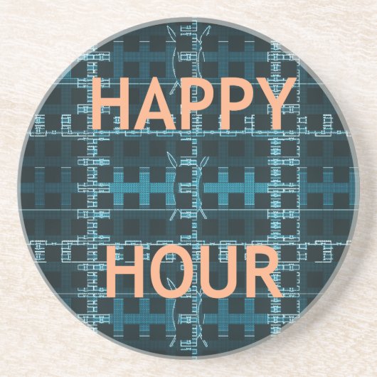 Happy Hour Tekst Blauwe Vector Art Print Zandsteen Onderzetter (Voorkant)