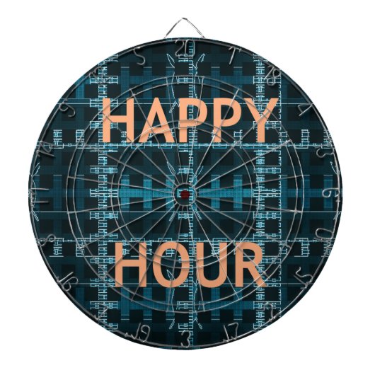 Happy Hour Tekst Blauwe Vector Kunstprint Dartbord (Voorkant)