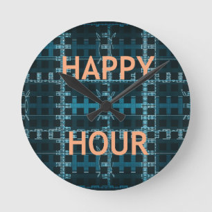 Happy Hour Tekst Blauwe Vector Kunstprint Ronde Klok