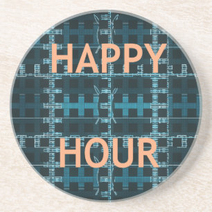 Happy Hour Tekst Blauwe Vector Kunstprint Zandsteen Onderzetter