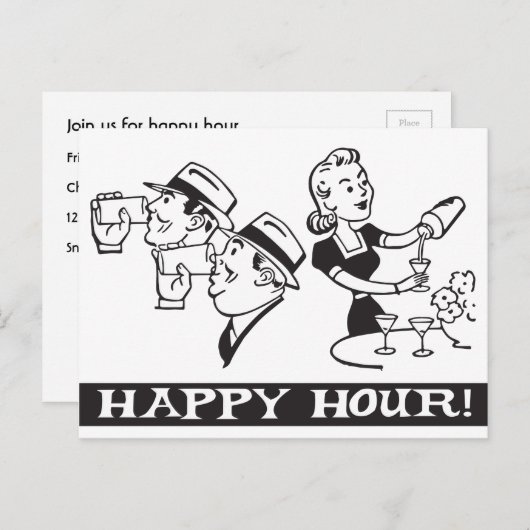 Happy Hour-uitnodiging met grappige retro Uitnodiging Briefkaart (Voorkant / Achterkant)