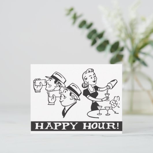 Happy Hour-uitnodiging met grappige retro Uitnodiging Briefkaart (Staand voorkant)