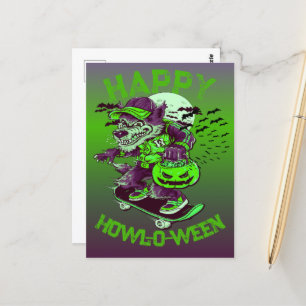 Happy Howl-o-ween Wolf Riding op Skateboard Briefkaart