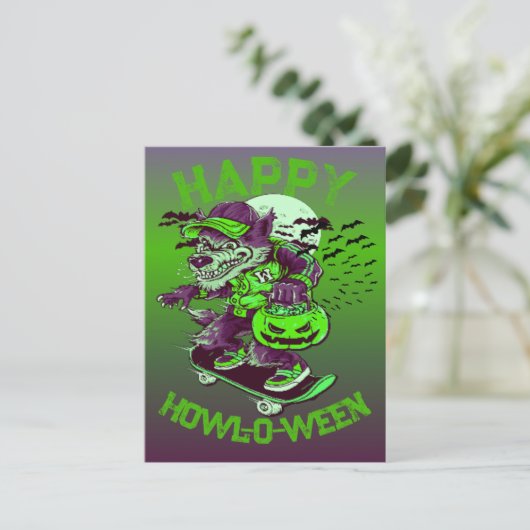 Happy Howl-o-ween Wolf Riding op Skateboard Briefkaart (Staand voorkant)