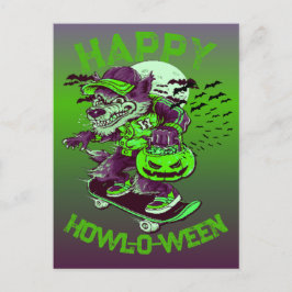 Happy Howl-o-ween Wolf Riding op Skateboard Briefkaart