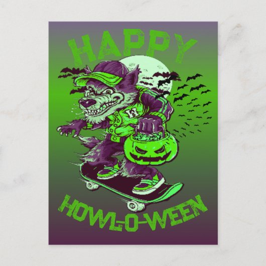 Happy Howl-o-ween Wolf Riding op Skateboard Briefkaart (Voorkant)