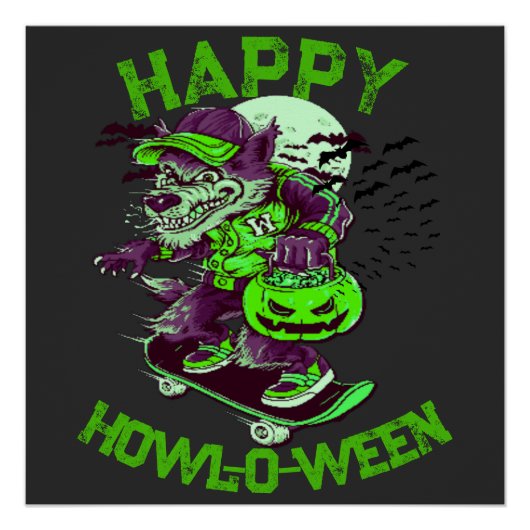 Happy Howl-o-ween Wolf Riding op Skateboard Perfect Poster (Voorkant)