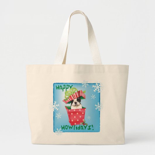 Happy Howliday Boston Terrier Grote Tote Bag (Voorkant)