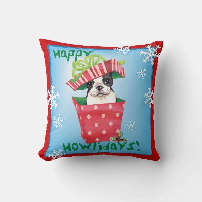 Happy Howliday Boston Terrier Kussen (Voorkant)