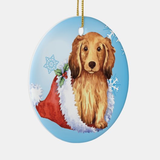 Happy Howliday Longhaire Dachshund Keramisch Ornament (Rechts)