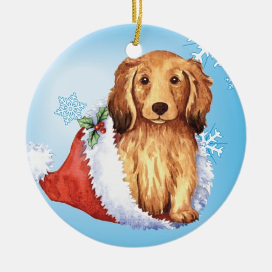 Happy Howliday Longhaire Dachshund Keramisch Ornament (Voorkant)