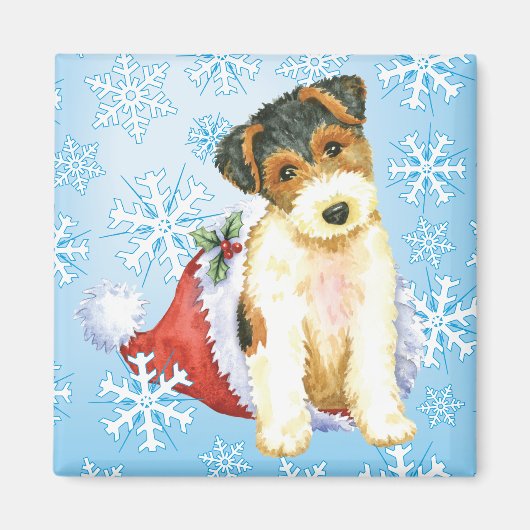 Happy Howliday Wire Fox Terrier Magneet (Voorkant)