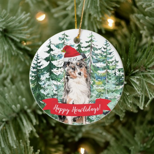Happy Howlidays Australian Shepherd Dog Kerstmis Keramisch Ornament (Boom)