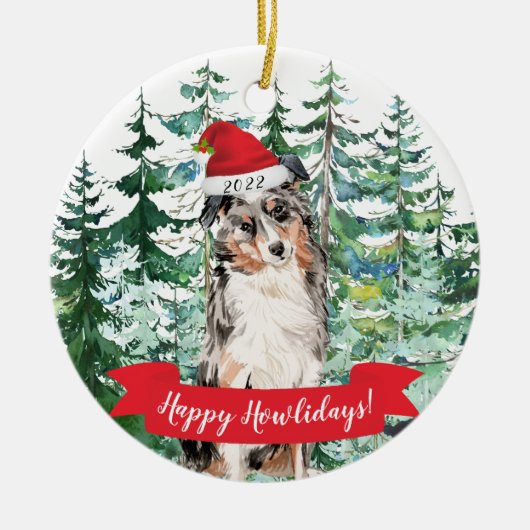 Happy Howlidays Australian Shepherd Dog Kerstmis Keramisch Ornament (Voorkant)
