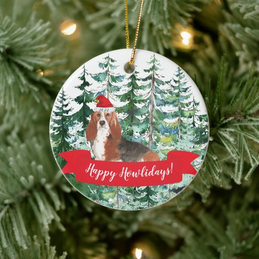 Happy Howlidays Basset Hound Dog Kerstmenorum Keramisch Ornament (Boom)