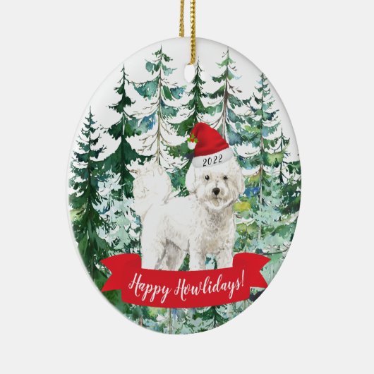 Happy Howlidays Bichon Frise Dog Kerstmenorum Keramisch Ornament (Rechts)
