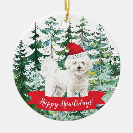 Happy Howlidays Bichon Frise Dog Kerstmenorum Keramisch Ornament (Voorkant)