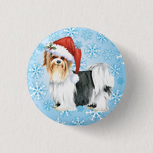 Happy Howlidays Biewer Terrier Pinback Button (Voorkant)