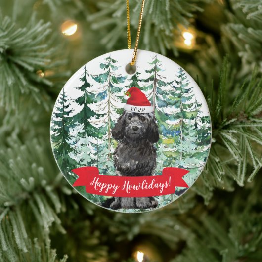 Happy Howlidays Black Cockapoo Dog Kerstmis Keramisch Ornament (Boom)