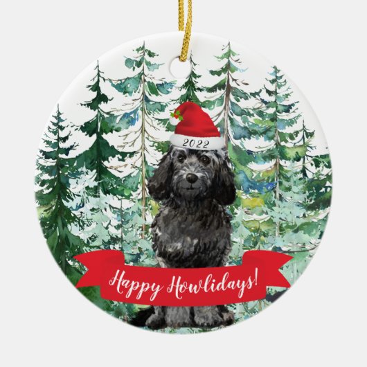 Happy Howlidays Black Cockapoo Dog Kerstmis Keramisch Ornament (Voorkant)