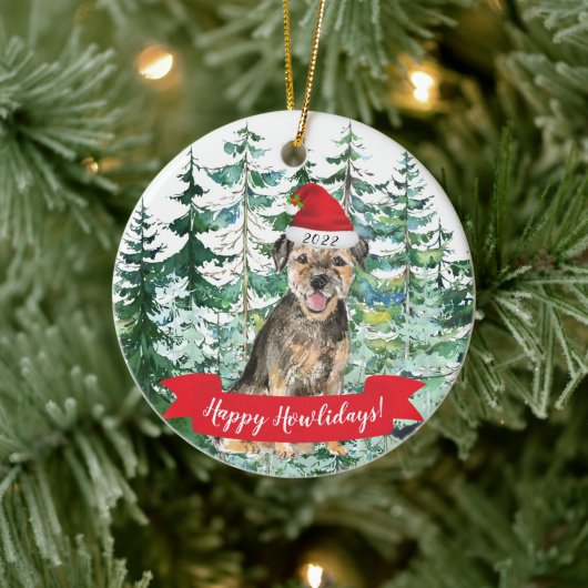 Happy Howlidays Border Terrier Dog Kerstmis Keramisch Ornament (Boom)