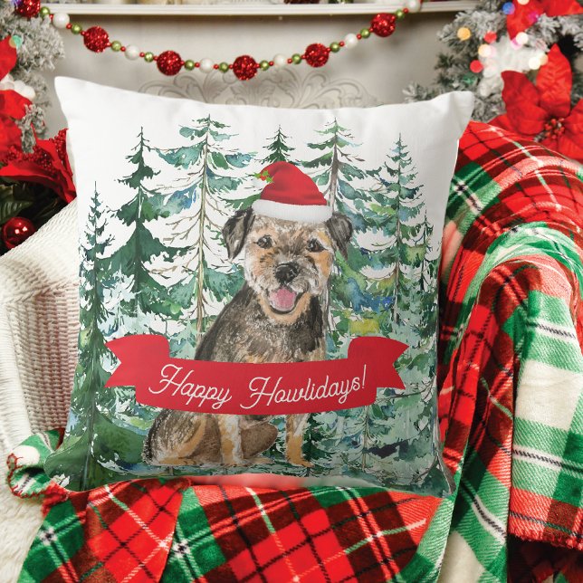 Happy Howlidays Border Terrier Dog Kerstmis Kussen (Creator heeft geüpload)