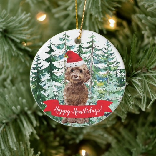 Happy Howlidays Brown Cockapoo Dog Kerstmis Ornam Keramisch Ornament (Boom)