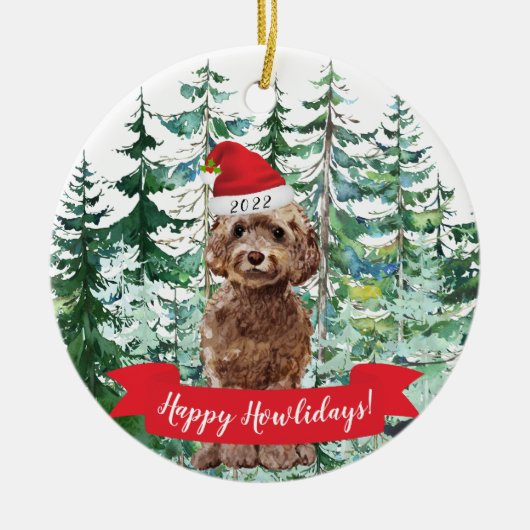 Happy Howlidays Brown Cockapoo Dog Kerstmis Ornam Keramisch Ornament (Voorkant)