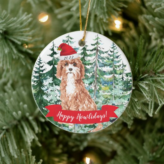 Happy Howlidays Cavapoo Dog kerstversiering Keramisch Ornament (Boom)