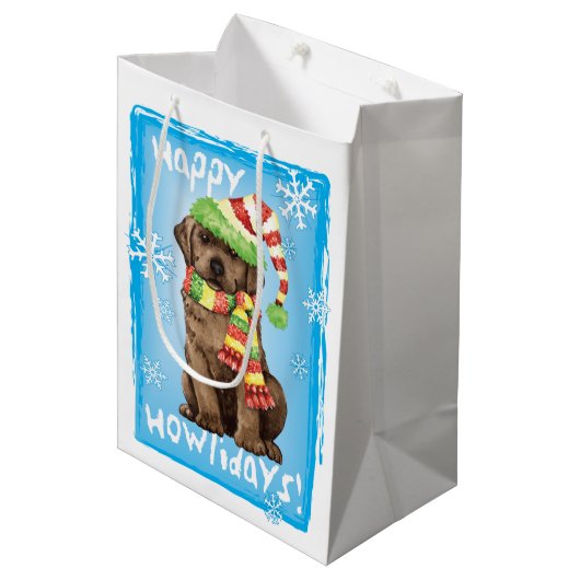 Happy Howlidays Chocolate Lab Medium Cadeauzakje (Voorkant Gekanteld)