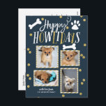 Happy Howlidays Collage | Kerstfoto Feestdagenkaart<br><div class="desc">Verspreid de liefde voor dit vakantieseizoen met een "pawsitief" stijlvol briefkaart voor gezelschapsvakantie met thema's. Deze kaart bevat een collage van vier van uw favoriete foto's met elementen in een faux goudglitter confetti. Voeg je voorgedrukte retouradres aan de achterzijde toe.</div>