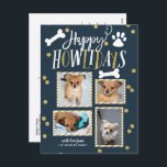 Happy Howlidays Collage | Kerstfoto Feestdagenkaart<br><div class="desc">Verspreid de liefde voor dit vakantieseizoen met een "pawsitief" stijlvol briefkaart voor gezelschapsvakantie met thema's. Deze kaart bevat een collage van vier van uw favoriete foto's met elementen in een faux goudglitter confetti. Voeg je voorgedrukte retouradres aan de achterzijde toe.</div>