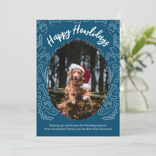 Happy Howlidays Dog Pet Christmas Kaart Donkerblau (Staand voorkant)