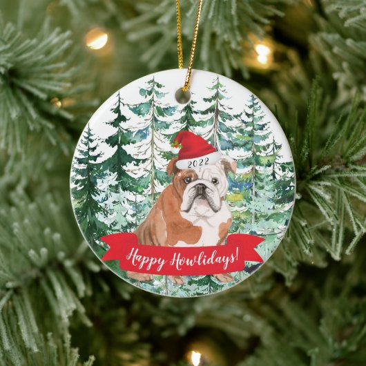 Happy Howlidays English Bulldog Dog kerstorna Keramisch Ornament (Boom)