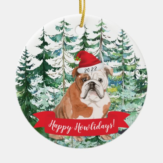 Happy Howlidays English Bulldog Dog kerstorna Keramisch Ornament (Voorkant)