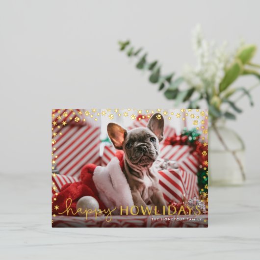 Happy Howlidays Foil Paw Print Dog Holiday Folie Feestdagen Briefkaart (Staand Voorkant)