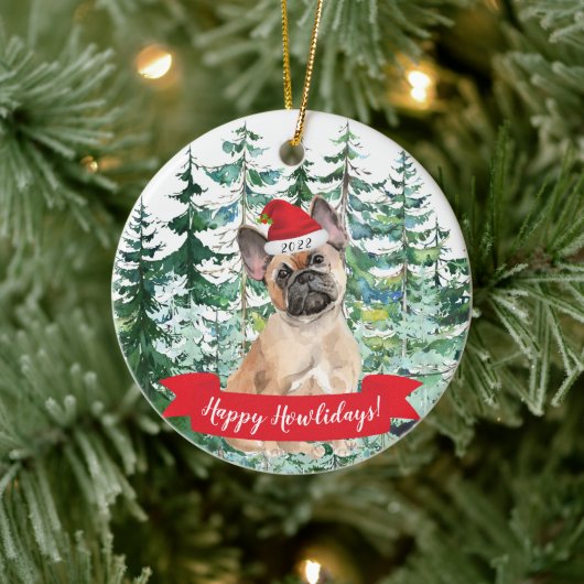 Happy Howlidays French Bulldog Dog kerstornam Keramisch Ornament (Boom)