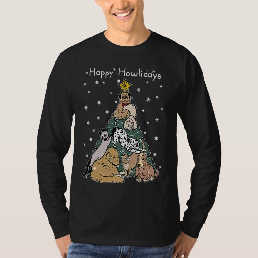 Happy Howlidays  Funny Dog & Cat Christmas Tree T-shirt (Voorkant)