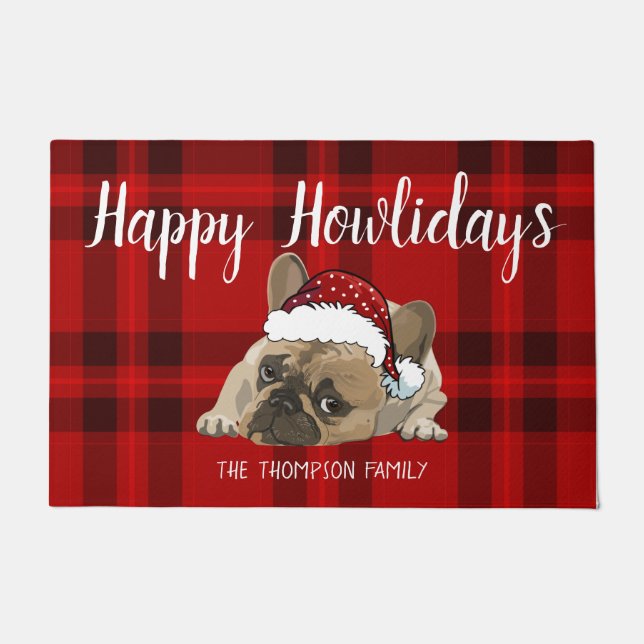 Happy Howlidays Funny Kerstfranse bulldog Red Deurmat (Voorkant)